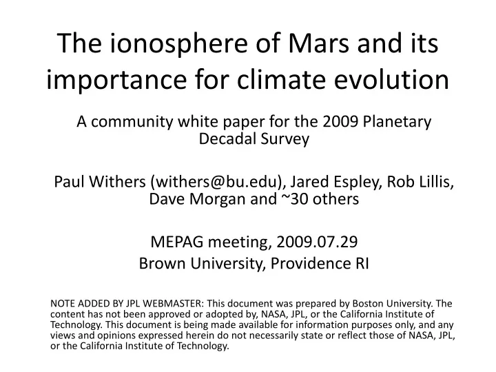 the ionosphere of mars and its importance for climate evolution