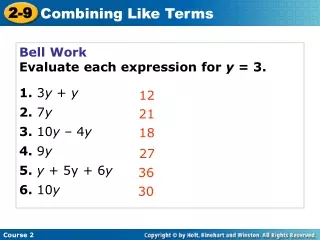 Bell Work Evaluate each expression for  y  = 3. 1. 3 y  +  y 2.  7 y 3.  10 y  – 4 y 4.  9 y