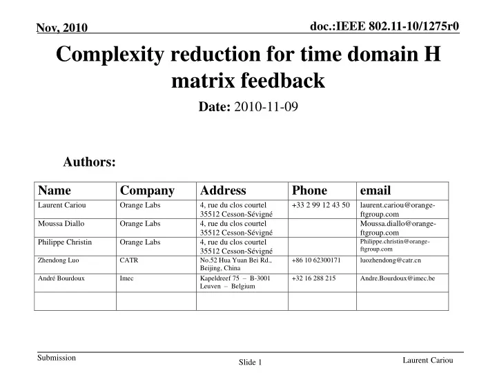 complexity reduction for time domain h matrix feedback