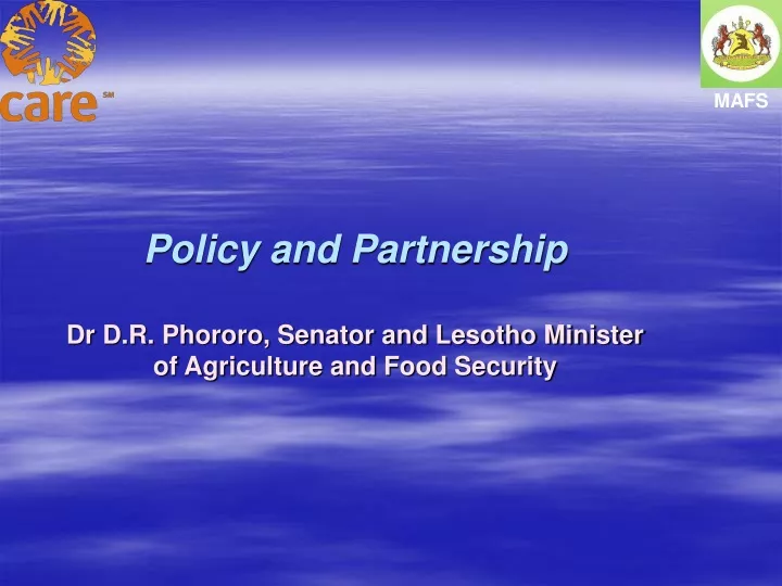 policy and partnership dr d r phororo senator and lesotho minister of agriculture and food security
