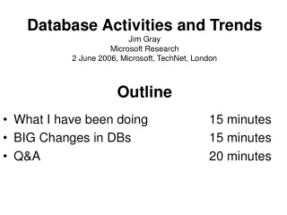 What I have been doing 	15 minutes BIG Changes in DBs	15 minutes Q&amp;A	20 minutes