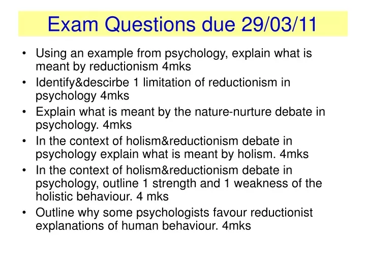 exam questions due 29 03 11