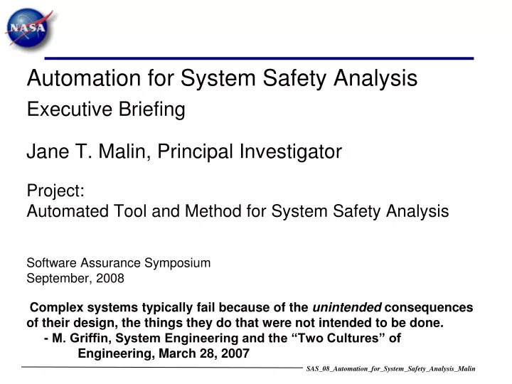 automation for system safety analysis executive
