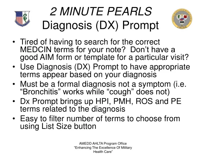 2 minute pearls diagnosis dx prompt