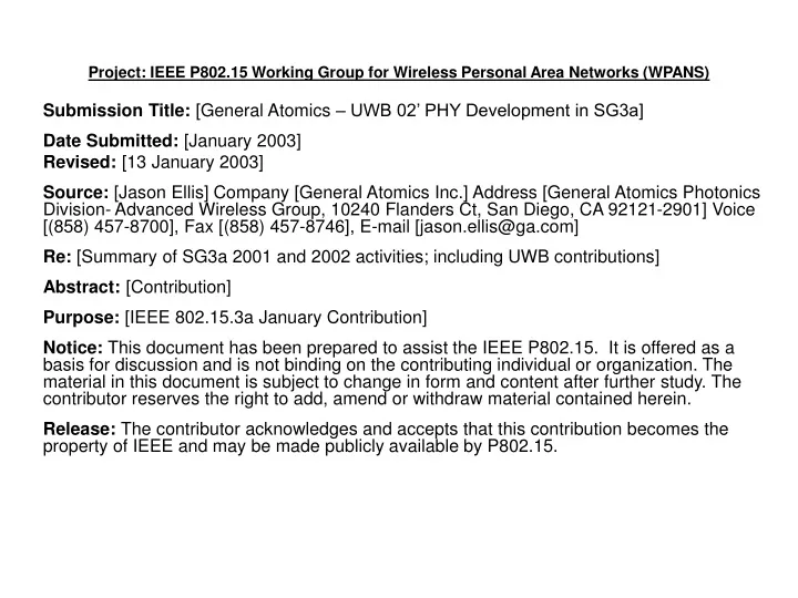 project ieee p802 15 working group for wireless personal area networks wpans