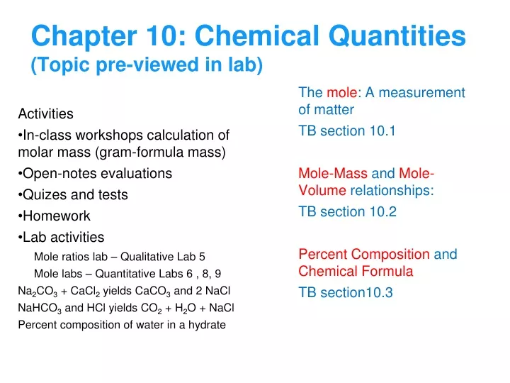 chapter 10 chemical quantities topic pre viewed in lab