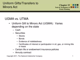 Uniform Gift to Minors Act (UGMA):  Varies depending on the state Cash Securities Stocks Bonds