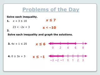 Problems of the Day Solve each inequality.          1.     x +  3 ? 10   2.