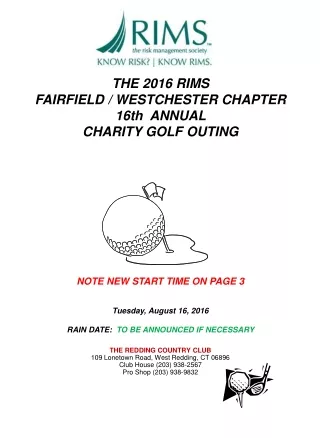 THE 2016 RIMS  FAIRFIELD / WESTCHESTER CHAPTER 16th  ANNUAL  CHARITY GOLF OUTING