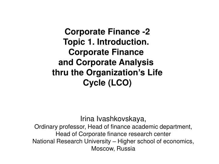 corporate finance 2 topic 1 introduction
