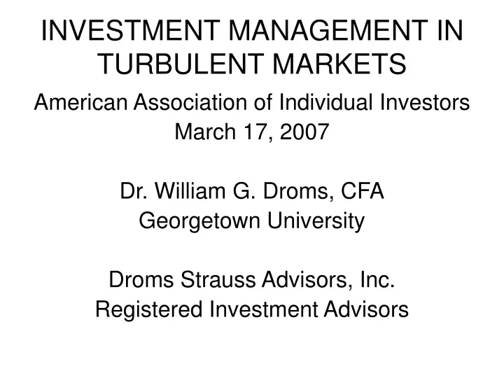 investment management in turbulent markets