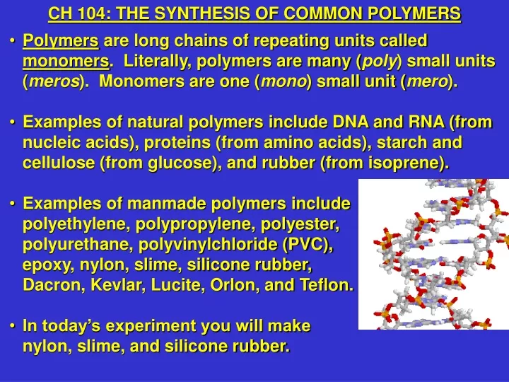 ch 104 the synthesis of common polymers