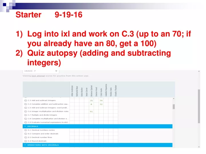 starter 9 19 16 log into ixl and work