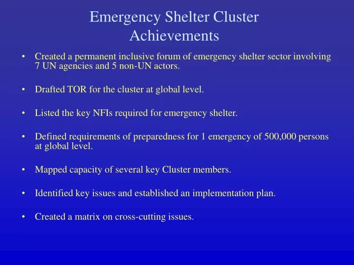emergency shelter cluster achievements