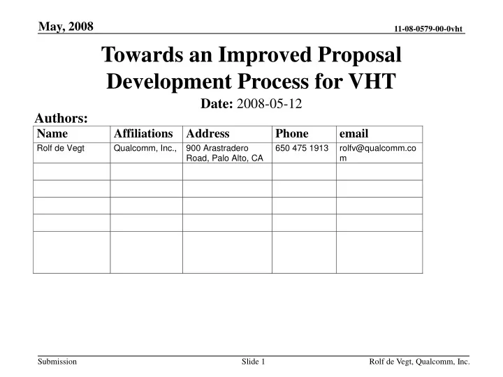 towards an improved proposal development process for vht