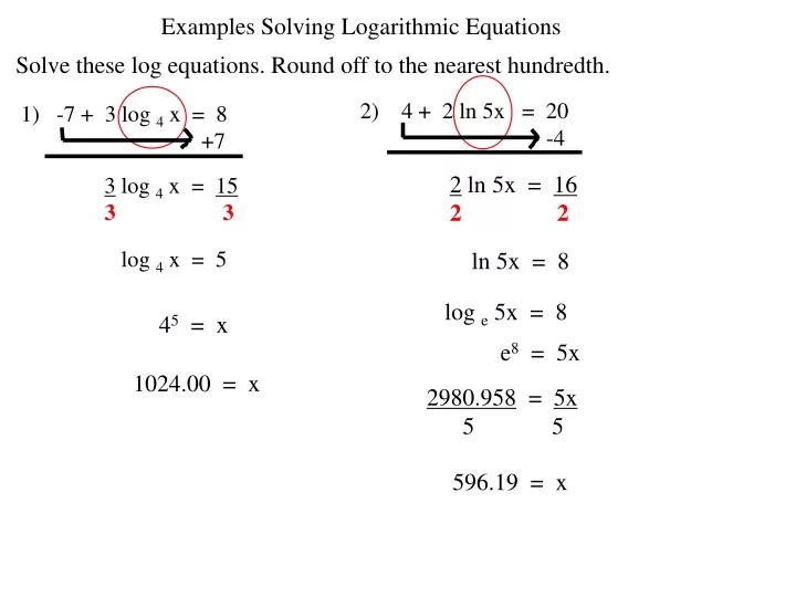 examples solving logarithmic equations