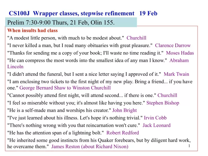 cs100j wrapper classes stepwise refinement 19 feb