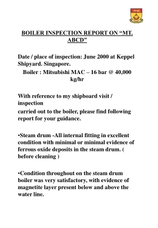 BOILER INSPECTION REPORT ON “MT. ABCD”