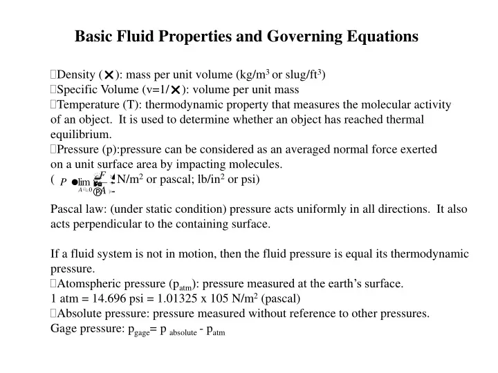 basic fluid properties and governing equations
