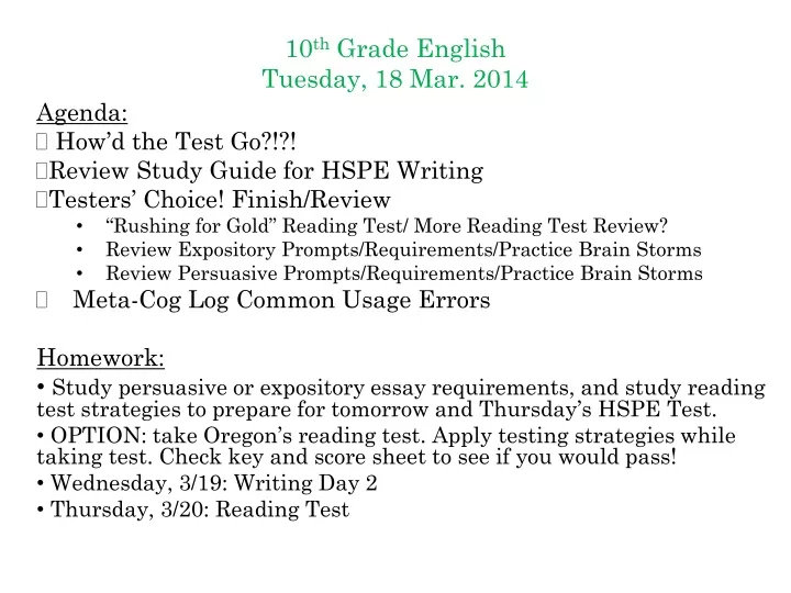 10 th grade english tuesday 18 mar 2014