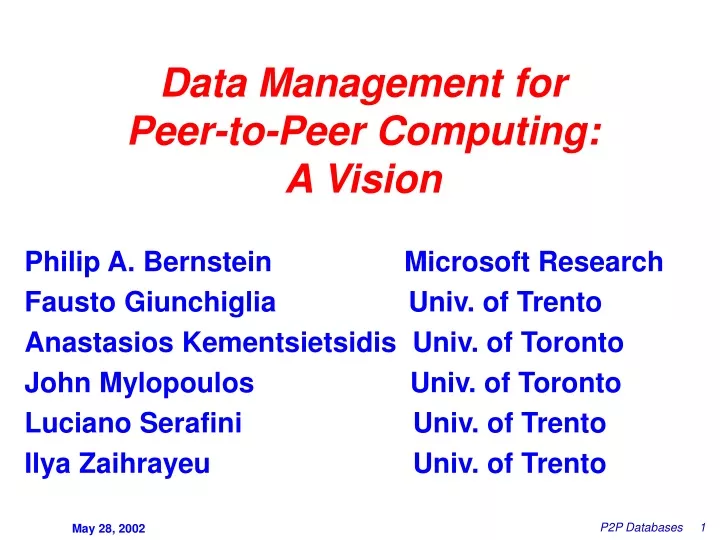 data management for peer to peer computing a vision