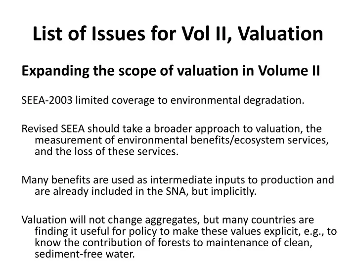 list of issues for vol ii valuation