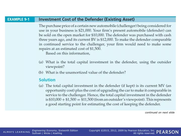 example 9 1 investment cost of the defender existing asset