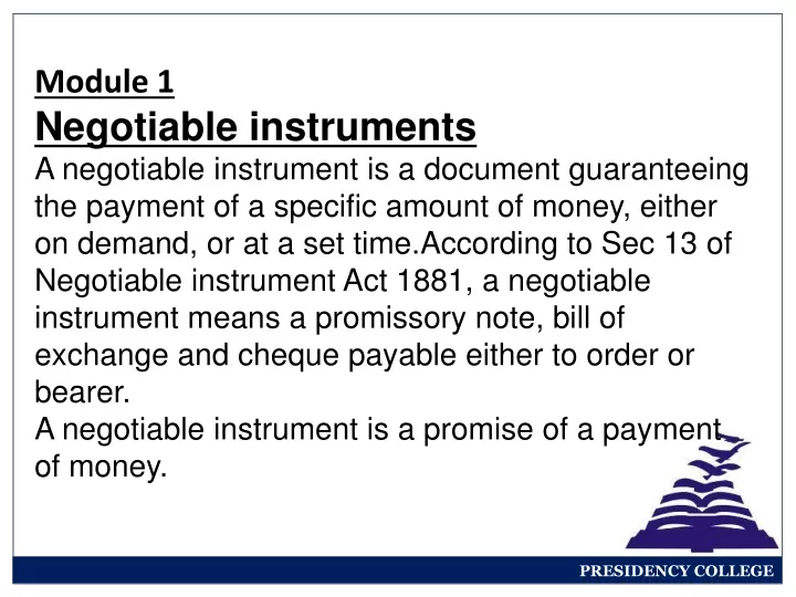 module 1 negotiable instruments a negotiable