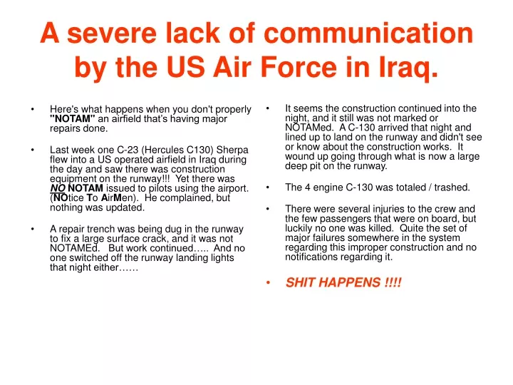a severe lack of communication by the us air force in iraq