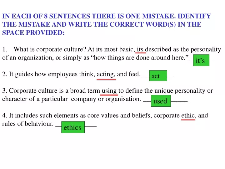in each of 8 sentences there is one mistake