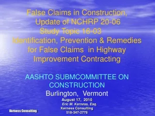False Claims in Construction,              Update of NCHRP 20-06               Study Topic 16-03