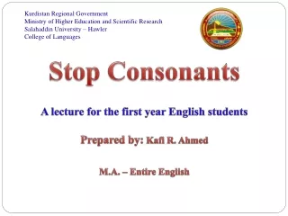 Stop Consonants A lecture for the first year English students Prepared by: Kafi R. Ahmed