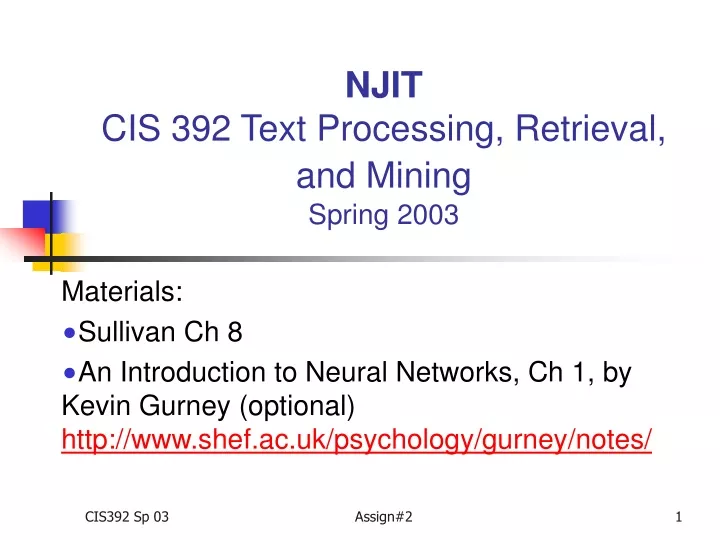 njit cis 392 text processing retrieval and mining spring 2003