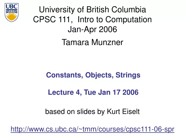 constants objects strings lecture 4 tue jan 17 2006
