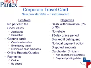 Corporate Travel Card New provider 8/02 – First Bankcard