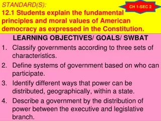 LEARNING OBJECTIVES/ GOALS/ SWBAT Classify governments according to three sets of characteristics.