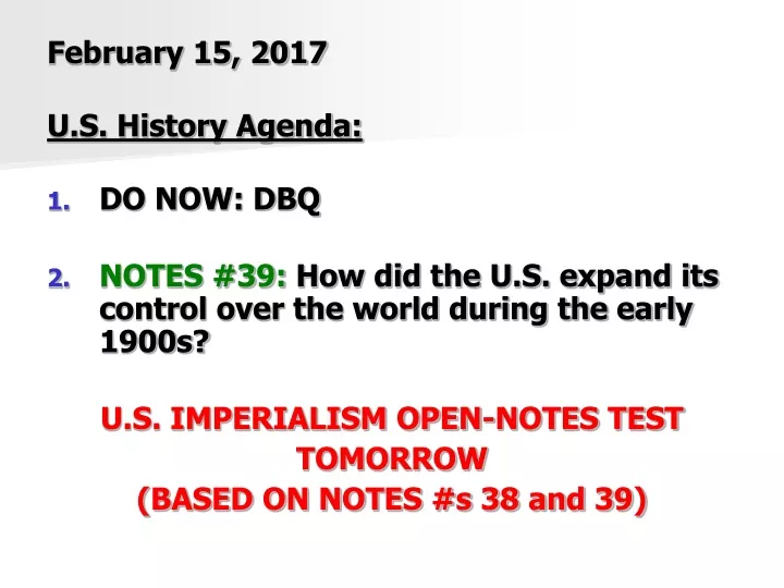 february 15 2017 u s history agenda