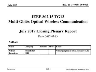IEEE 802.15 TG13  Multi-Gbit/s Optical Wireless Communication  July 2017 Closing Plenary Report