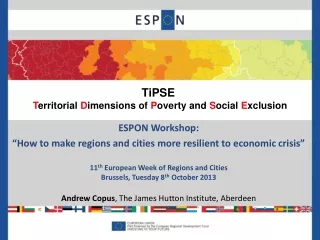 ESPON Workshop:  “How to make regions and cities more resilient to economic crisis”
