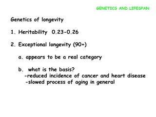 Genetics of longevity Heritability  0.23-0.26 Exceptional longevity (90+)