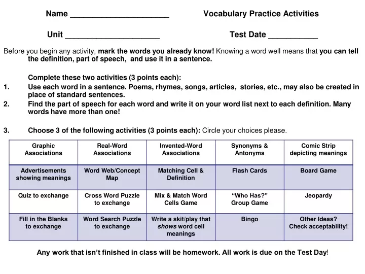 name vocabulary practice activities unit test date