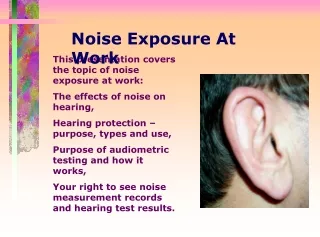 This presentation covers the topic of noise exposure at work: The effects of noise on hearing,
