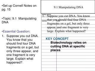 Set up Cornell Notes on pg. 15 Topic: 9.1  Manipulating DNA Essential Question :
