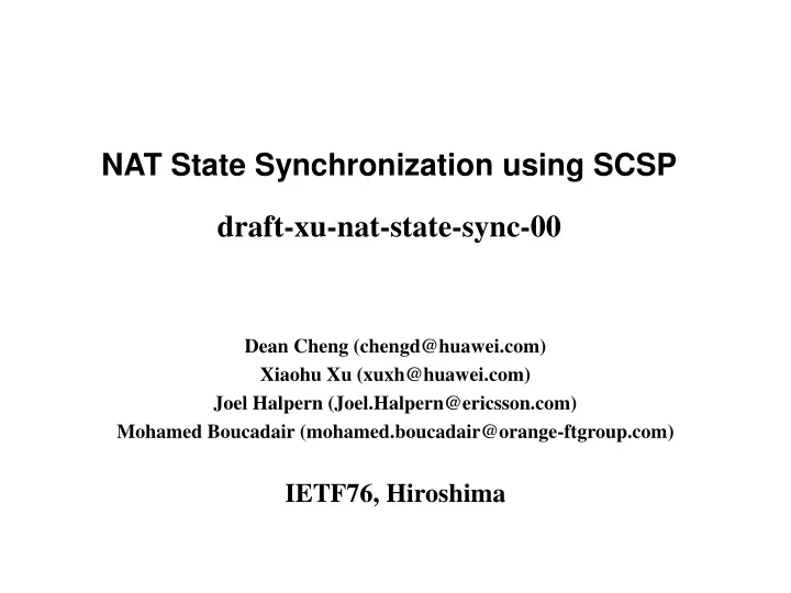 nat state synchronization using scsp draft xu nat state sync 00