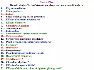 Course Plan We will study effects of stresses on plants and see where it leads us Phytoremediation
