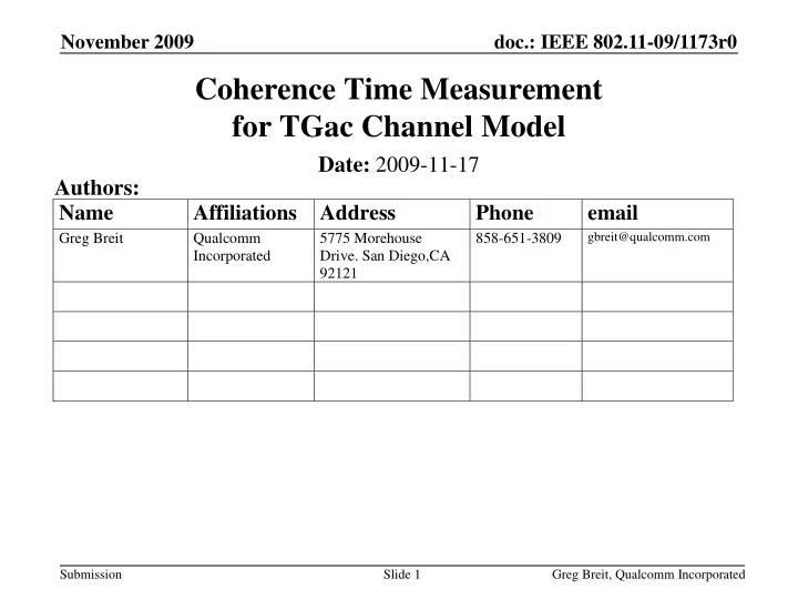 coherence time measurement for tgac channel model