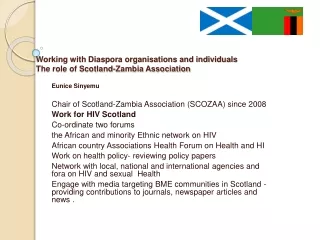 Eunice Sinyemu Chair of Scotland-Zambia Association (SCOZAA) since 2008 Work for HIV Scotland