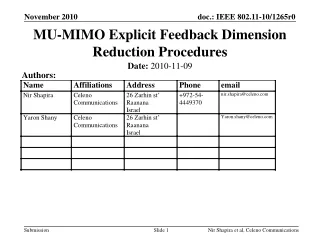 MU-MIMO Explicit Feedback Dimension Reduction Procedures