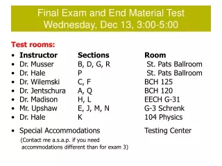 Test rooms: Instructor 	Sections	 	Room Dr.  Musser B, D, G, R  St. Pats  Ballroom