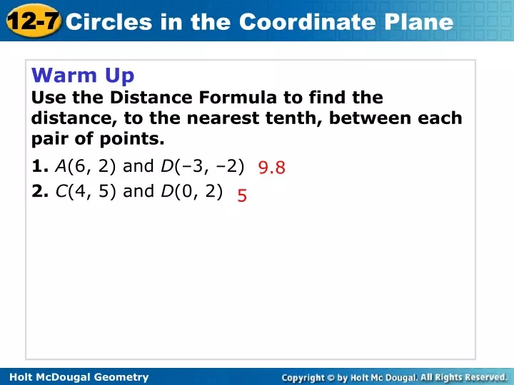 warm up use the distance formula to find